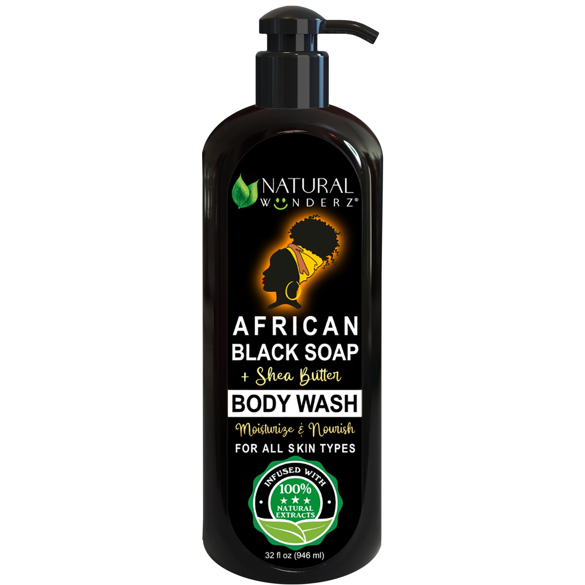 Natural Wunderz Body Wash with African Black Soap and Shea Butter, 32 Fl Oz Shower Gel, Promotes Acne Treatment, Contains All Natural Extracts, Vegan, and Sulfate-Free Body Scrub
